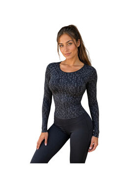 Athleta organic cotton blend black geo stretch long sleeve active top sz Large